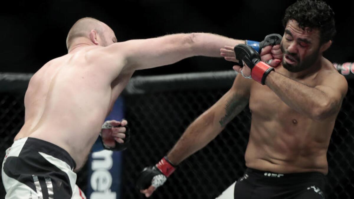 Tim Boetsch, left, connects with a punch against Rafael Natal during a middleweight bout at UFC 205. To see more images from the fight card, click on the photo above.