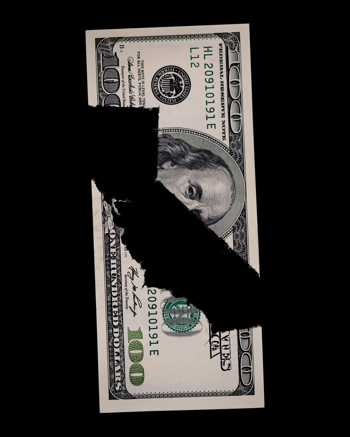 Illustration of the shape of California formed by the negative space between torn pieces of a $100 bill.