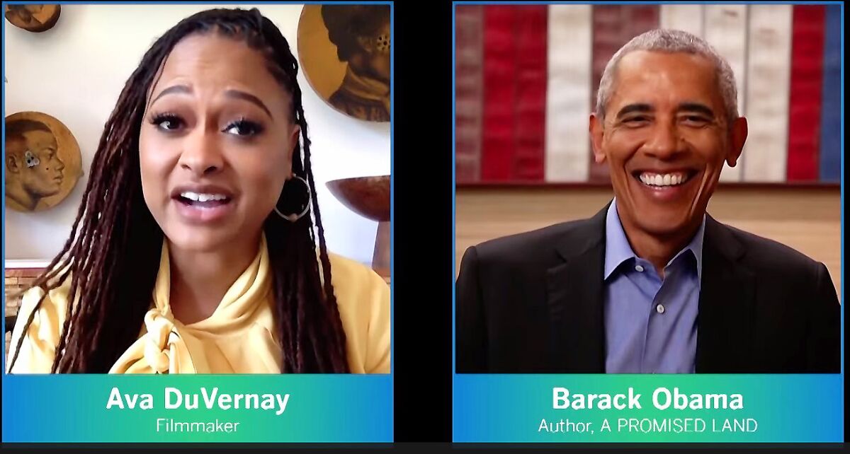 A screenshot of Ava Duvernay and Barack Obama speaking through video