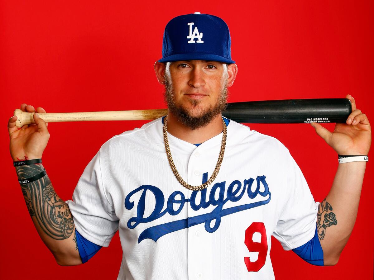 Dodgers catcher Yasmani Grandal poses during a spring training photo shoot.