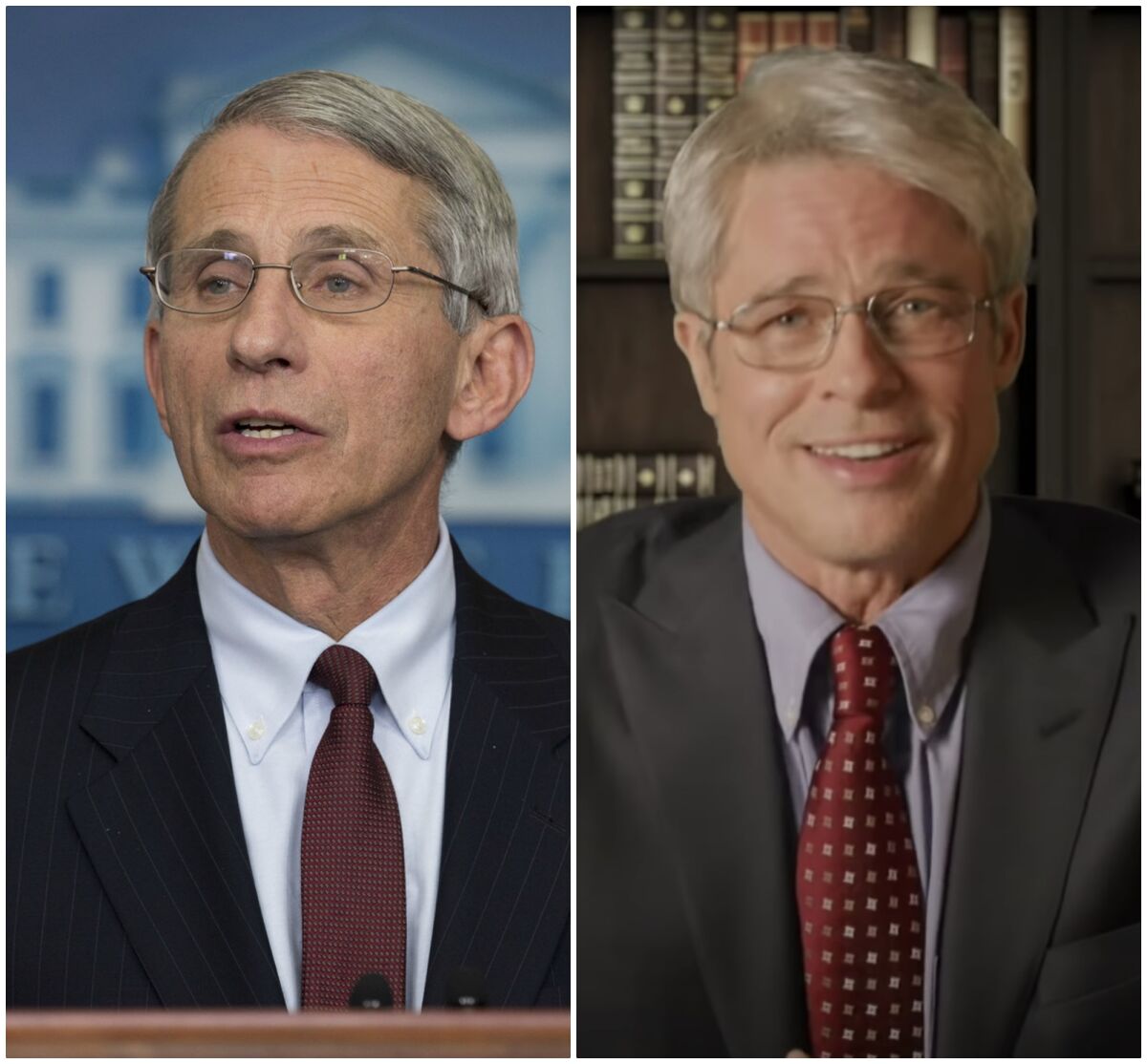 Dr. Anthony Fauci, left, was portrayed by Brad Pitt on "Saturday Night Live."
