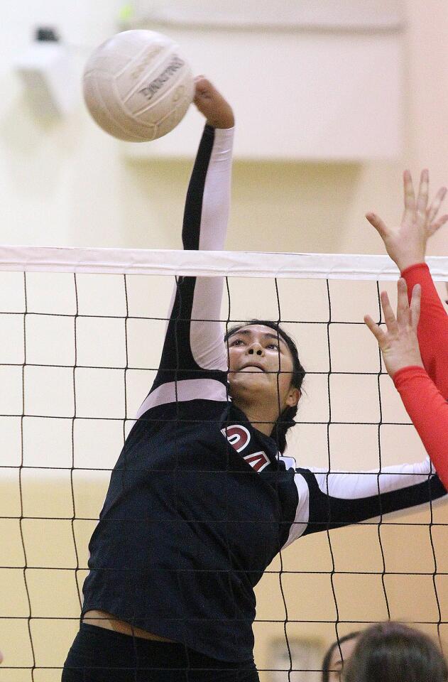 FSHA's Megan Bacall hits for a kill attempt against Palos Verdes in a first round, Division I-AA girls volleyball match at FSHA on Tuesday, November 11, 2014.