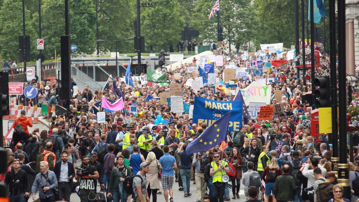 People take part in a 'March for Europe' event in central London on July 2.