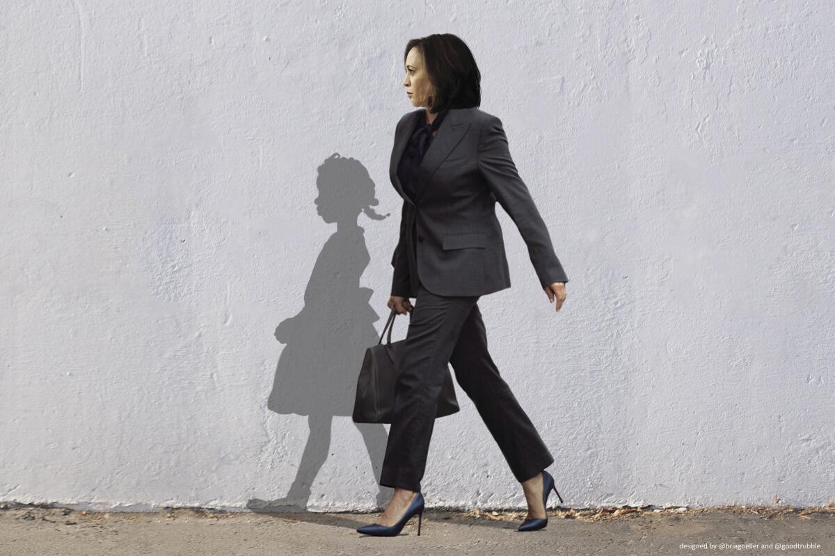 An illustration shows Vice President-elect Kamala Harris walking alongside the shadow of civil rights icon Ruby Bridges.