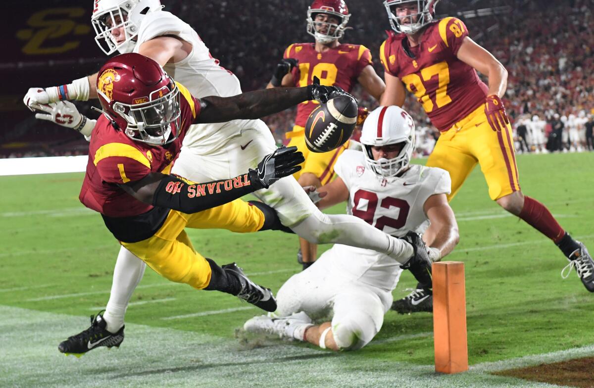 USC wide receiver Zachariah Branch dives but comes up short of a touchdown.