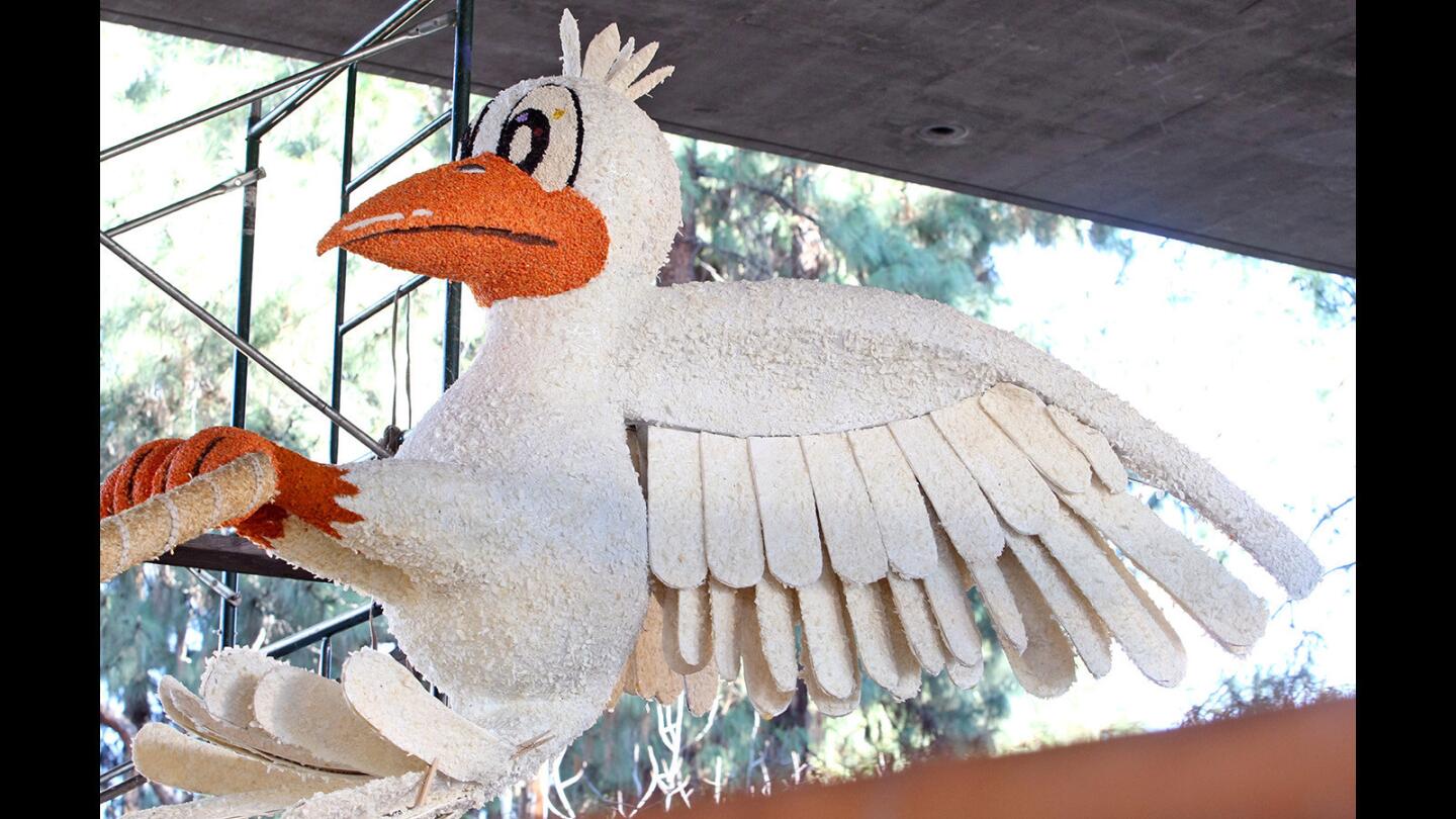 A feathery character rides the back of the La Cañada Flintridge Rose Parade float on Wednesday, Dec. 30, 2015.