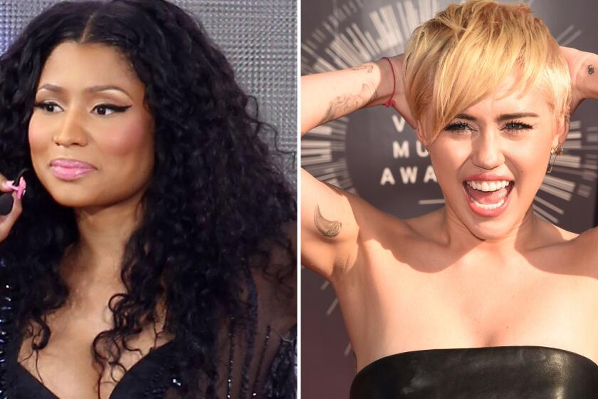 Nicki Minaj, left, performs on ABC's "Good Morning America"; Miley Cyrus attends the 2014 MTV Video Music Awards.