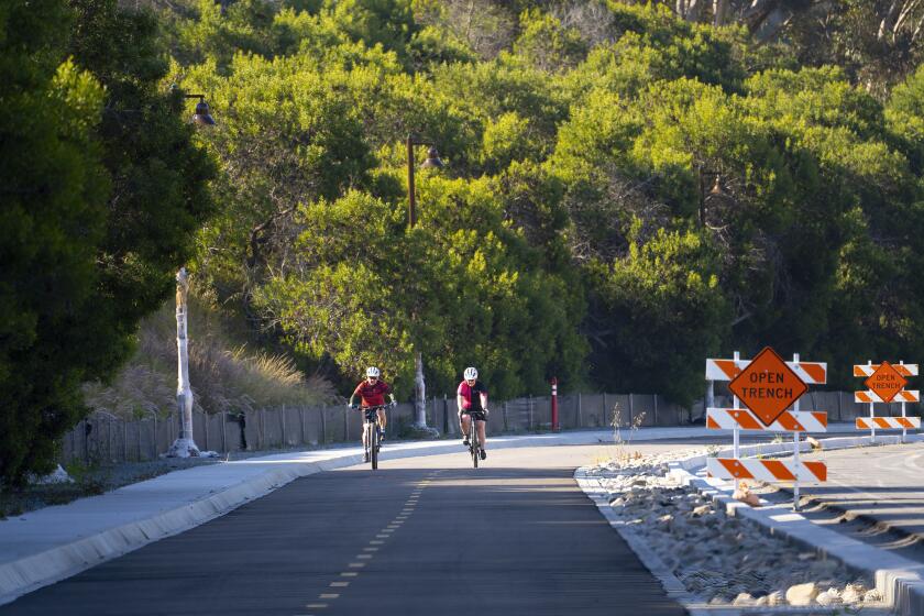 San Diego, CA - April 17: On Wednesday, April 17, 2024, in San Diego, CA, cyclists traveled northbound on Pershing Drive from Florida Drive using the new bike lane. (Nelvin C. Cepeda / The San Diego Union-Tribune)