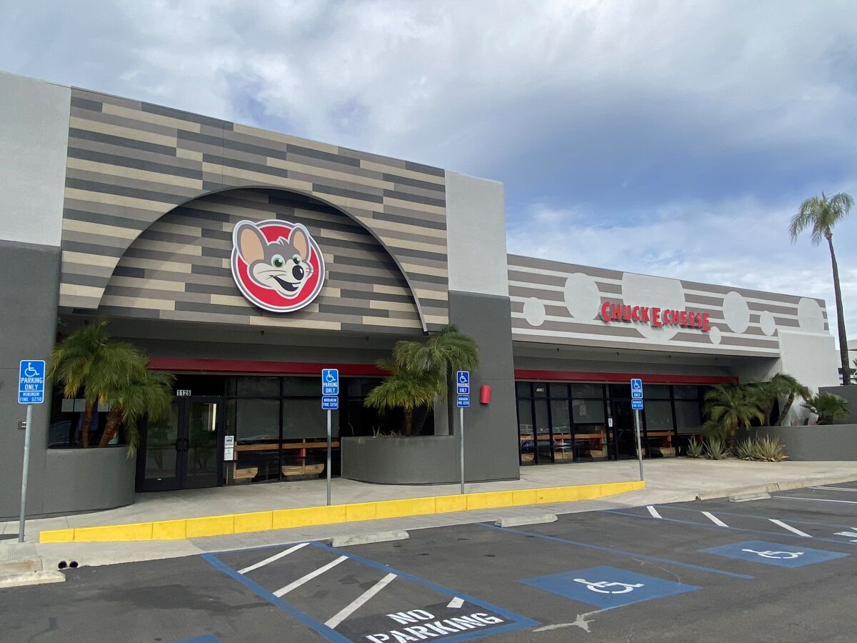 The exterior of the newly remodeled Chuck E. Cheese restaurant, which reopened on Feb. 9, 2022.