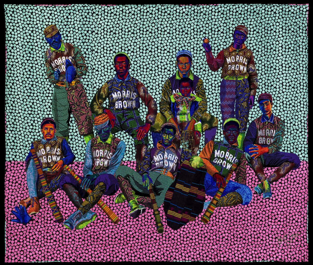 A modernist image with a group of people in old-time athletic uniforms that say "Morris Brown."