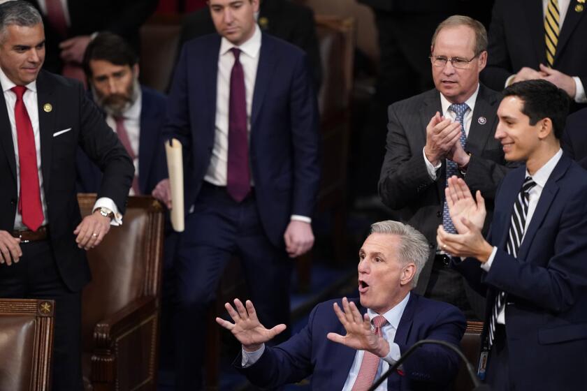 Rep. Kevin McCarthy of Calif., reacts as the second round of votes for Speaker of the House starts during the opening day of the 118th Congress at the U.S. Capitol, Tuesday, Jan. 3, 2023, in Washington. (AP Photo/Alex Brandon)