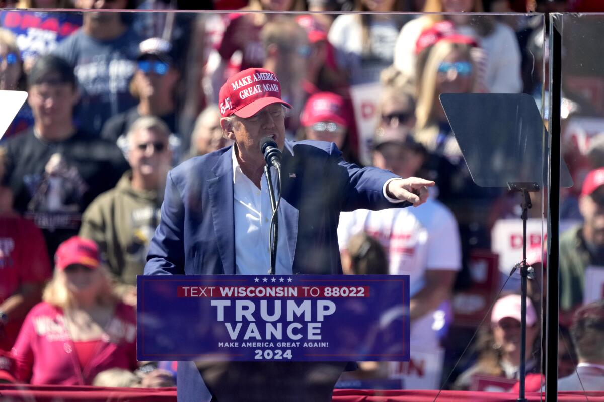 Republican presidential nominee former President Donald Trump speaks during a campaign event in Mosinee, Wis.