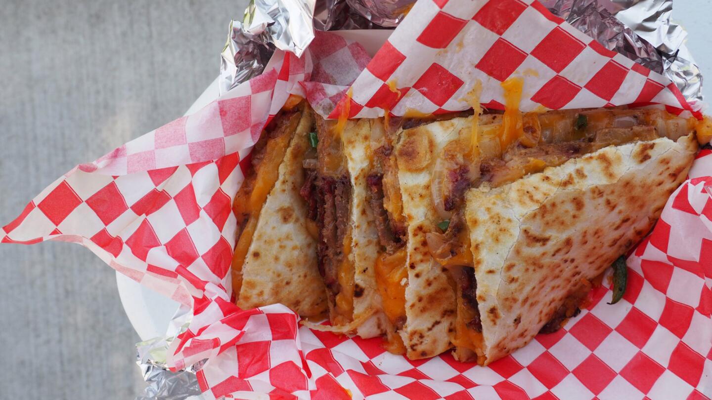 BBQ brisket quesadilla from the Burnt to a Crisp food truck.