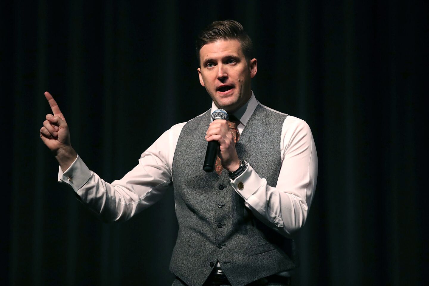 White nationalist Richard Spencer, who popularized the term "alt-right," speaks at the Curtis M. Phillips Center for the Performing Arts at the University of Florida in Gainesville on Thursday.