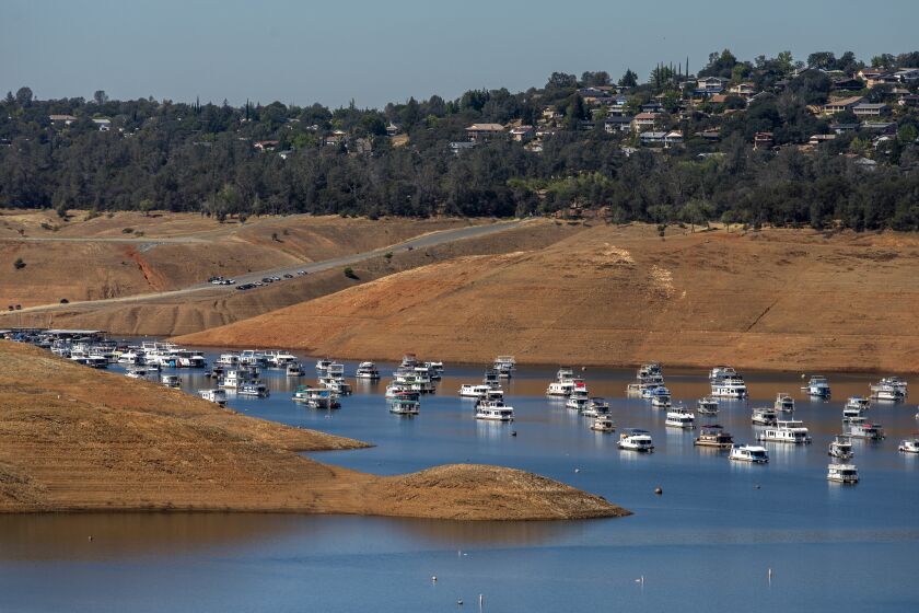 Lake Oroville, CA - July 20: Lake Oroville, located about 80 miles north of Sacramento is the largest reservoir in a state system that provides water to 27 million Californians on Wednesday, July 20, 2022, in Lake Oroville, CA. Officials had warned the lake - key to the roughly 700-mile State Water Project, which pumps and ferries water across the state for agricultural, business, and residential use - was at "critically low" levels on May 8. (Francine Orr / Los Angeles Times)