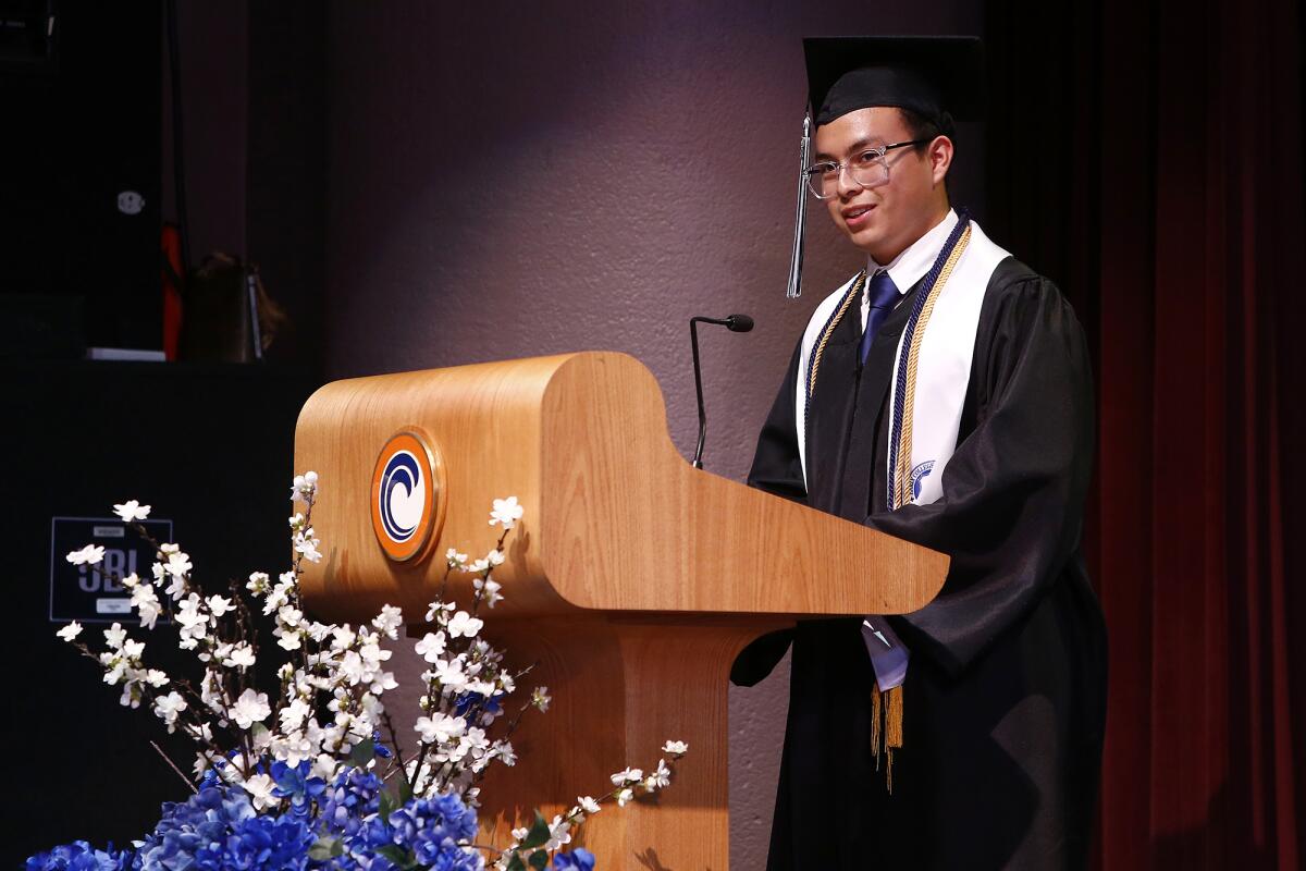 Senior Matthew Ruiz speaks at Early College High School's graduation ceremony, June 2, 2022 at Orange Coast College.