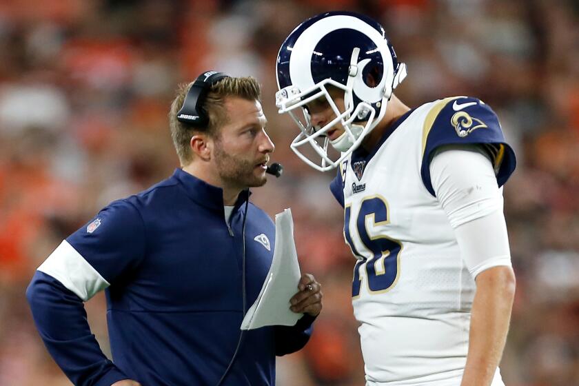 CLEVELAND, OH - SEPTEMBER 22: Head coach Sean McVay of the Los Angeles Rams talks with Jared Goff #16 during the game against the Cleveland Browns at FirstEnergy Stadium on September 22, 2019 in Cleveland, Ohio. Los Angeles defeated Cleveland 20-13. (Photo by Kirk Irwin/Getty Images)