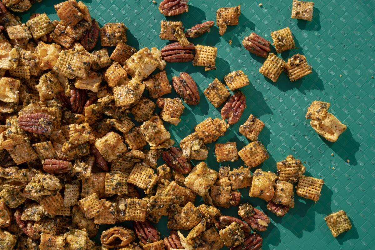 Crunchy, salt, sweet, savory Super Bowl Chex snack mix with Turtle chips and pecans.