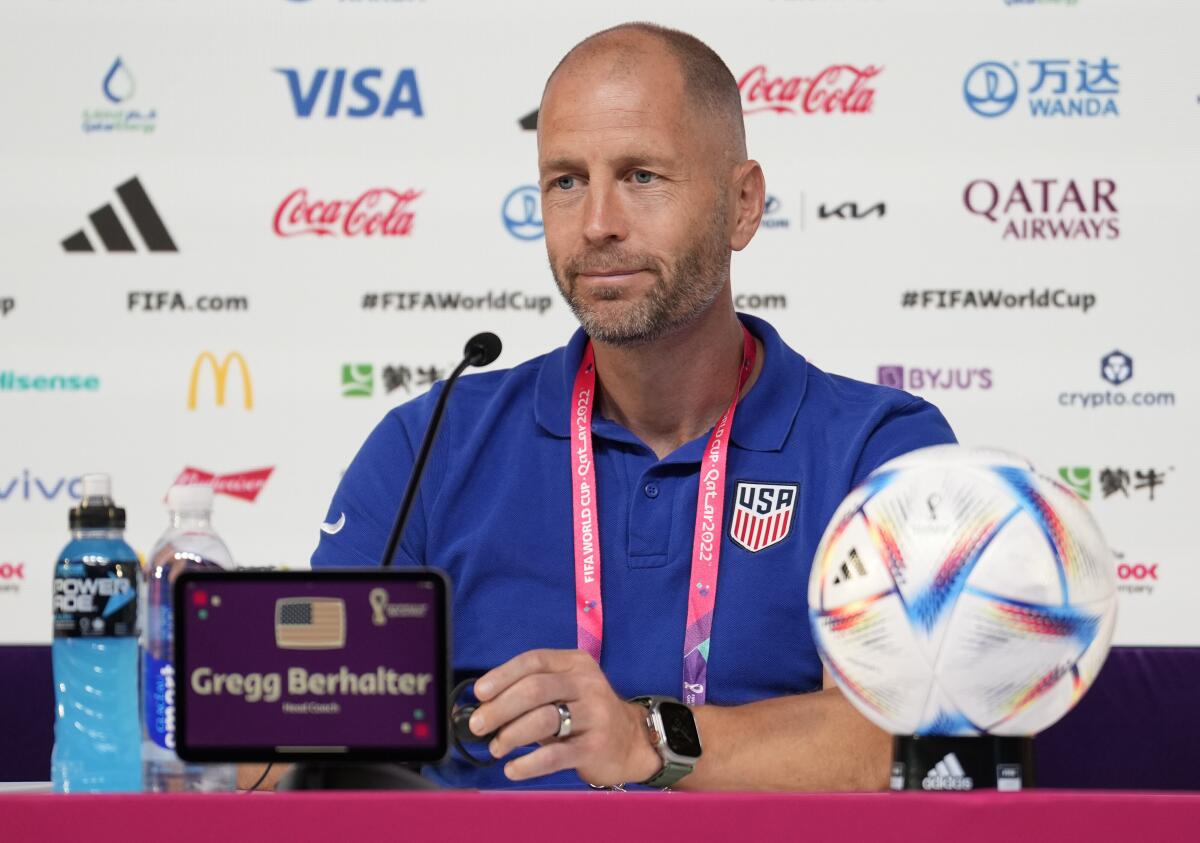 Head coach Gregg Berhalter of the United States attends a news conference on the eve of a round of 16 World Cup soccer match