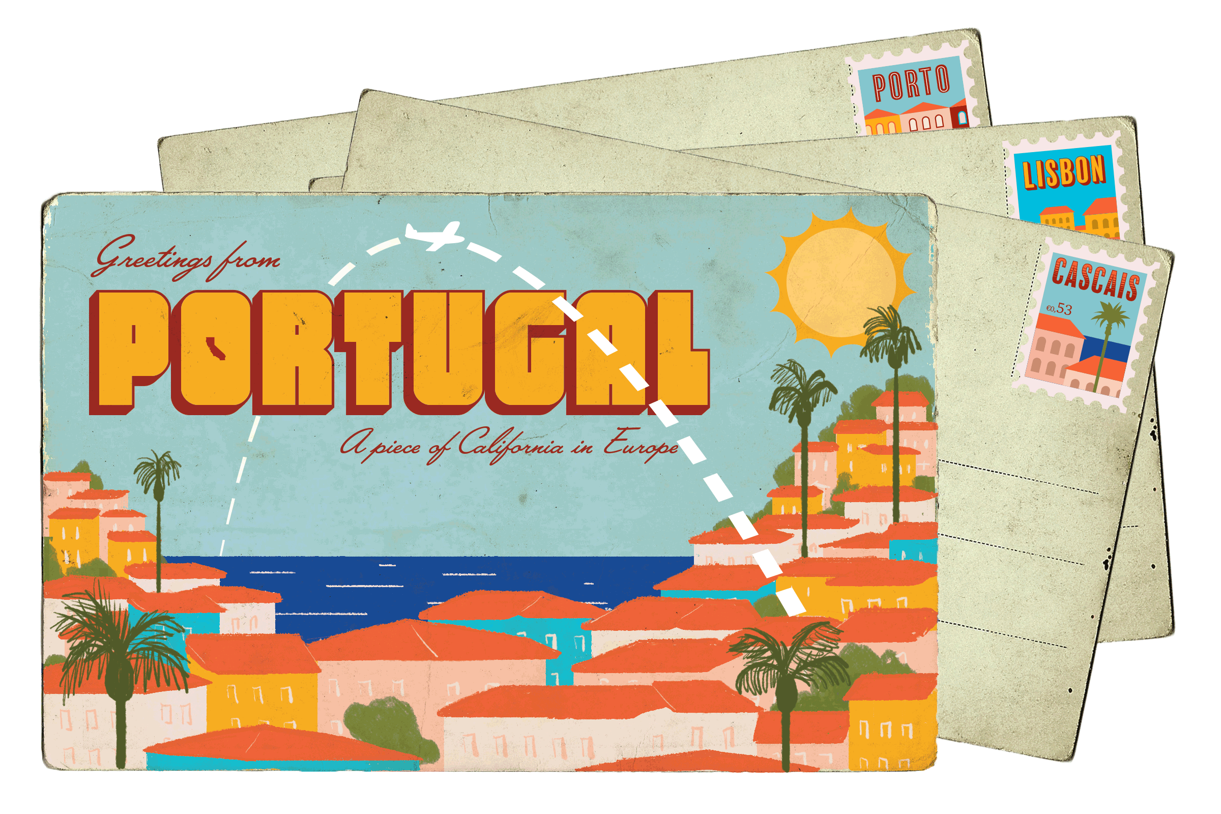 postcard showing a colorful coastal town and the words "Greetings from Portugal, a piece of California in Europe"