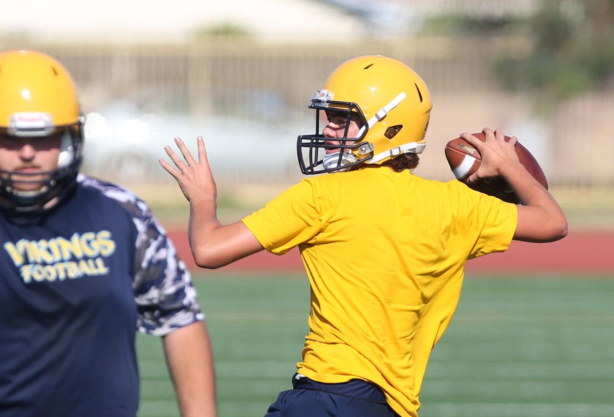 Jack Miller throws a pass during a practice at Marina on Aug. 1. He threw for 1,687 yards and 14 touchdowns in 2018.