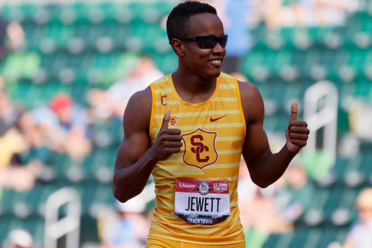 Isaiah Jewett celebrates after running in the men's 800 meters at the U.S. Olympic trials in June.