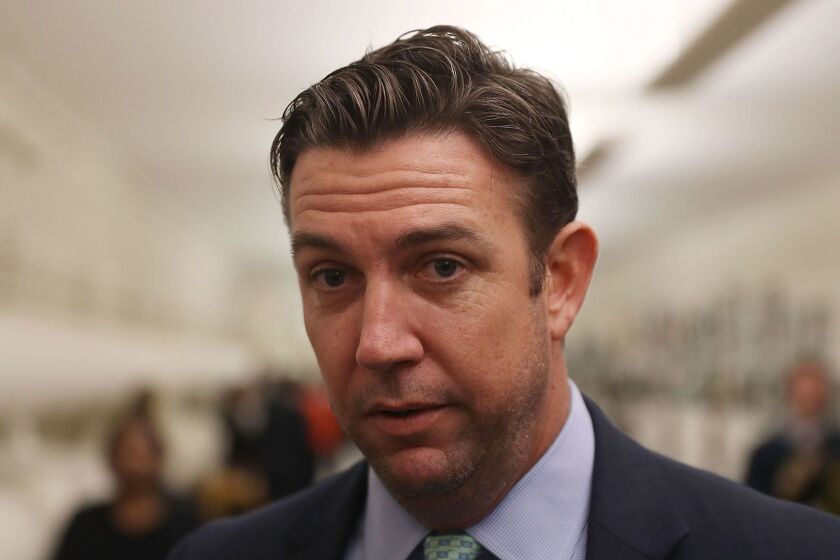 WASHINGTON, DC - JANUARY 10: Rep. Duncan Hunter (R-CA) speaks to the media before a painting he found offensive and removed is rehung on the U.S. Capitol walls on January 10, 2017 in Washington, DC. The painting is part of a larger art show hanging in the Capitol and is by a recent high school graduate, David Pulphus, and depicts his interpretation of civil unrest in and around the 2014 events in Ferguson, Missouri. (Photo by Joe Raedle/Getty Images) ** OUTS - ELSENT, FPG, CM - OUTS * NM, PH, VA if sourced by CT, LA or MoD **