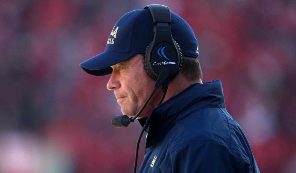 UCLA head coach Jim Mora on the sidelines in the first half during a game against Utah on Saturday.