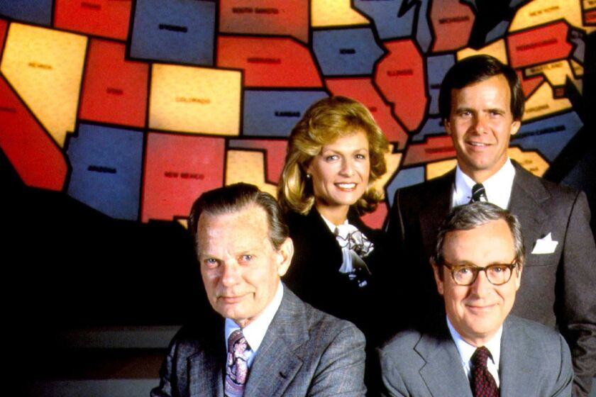 In 1980, NBC used red for Democratic wins and blue for the Republicans. Clockwise from left, David Brinkley, Jessica Savitch, Tom Brokaw and John Chancellor.