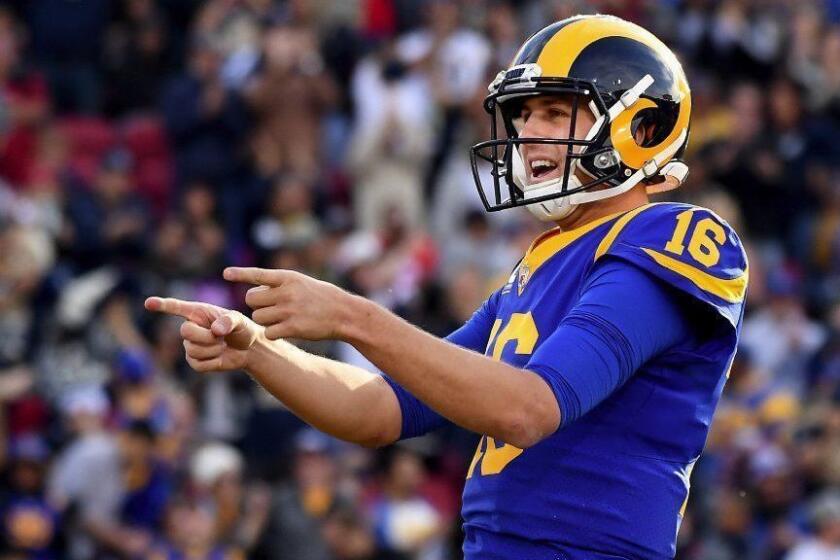 LOS ANGLELES, CA. DECEMBER 30, 2018-Rams quarterback Jared Goff celebrates his touchdown pass to Brandin Cooks against the 49ers in the 2nd quarter at the Coliseum Sunday. (Wally Skalij/Los Angeles Times)