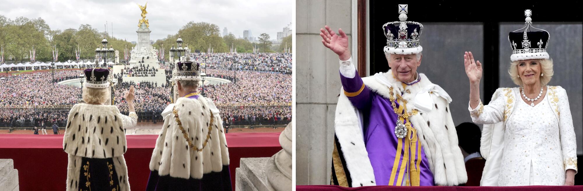 A diptych of Britain's King Charles III and Queen Camilla waving from a balcony at crowds below
