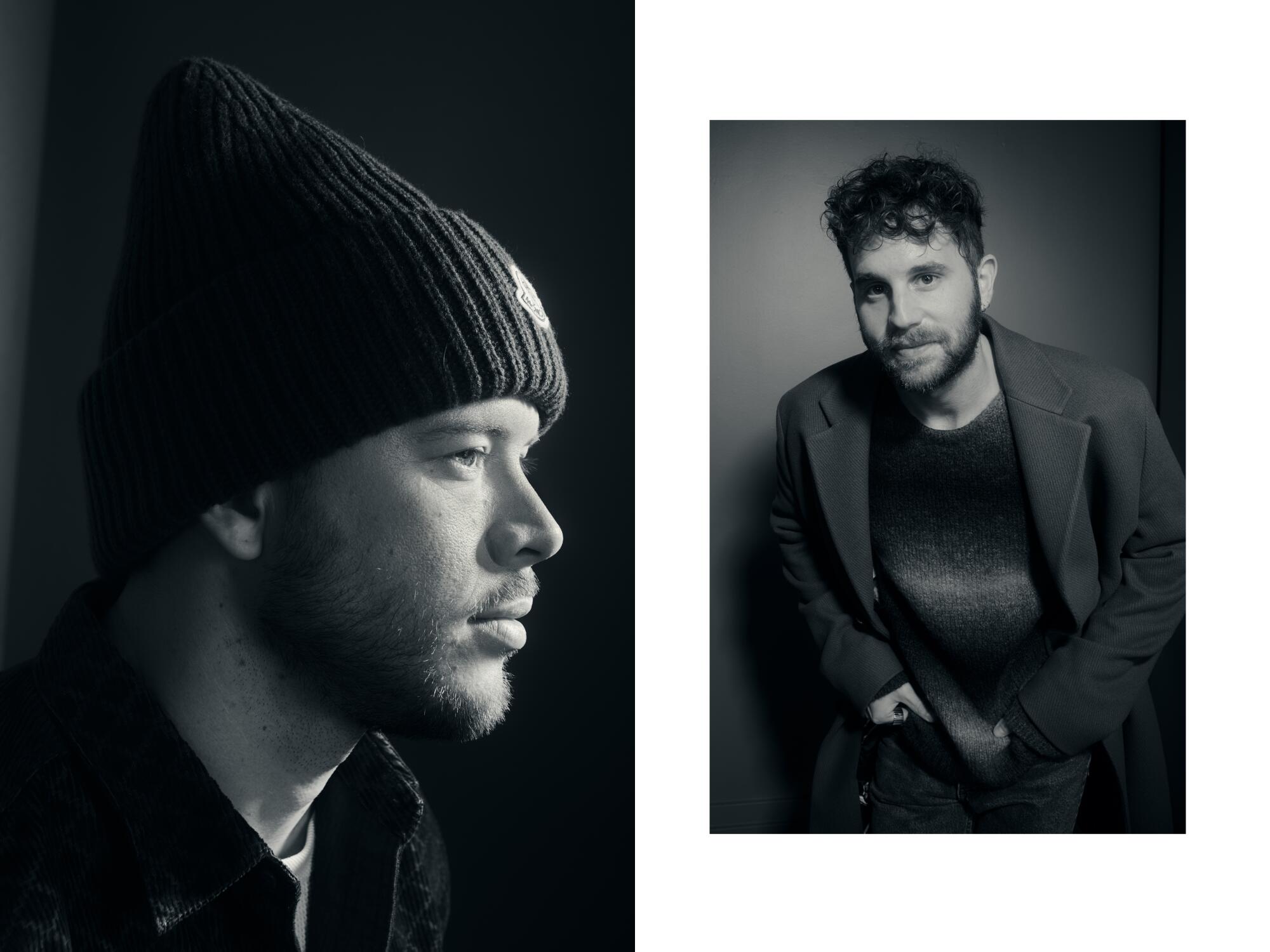 A man in a winter cap in profile and a man in a sweater jacket