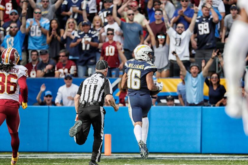 CARSON, CA, SUNDAY, DECEMBER 10, 2017 - Chargers receiver Tyrell Williams enters the endzone untouched after catching a 75 yard touchdown pass from Philip Rivers in the second quarter against the Redskins at Stubhub Center. (Robert Gauthier/Los Angeles Times)