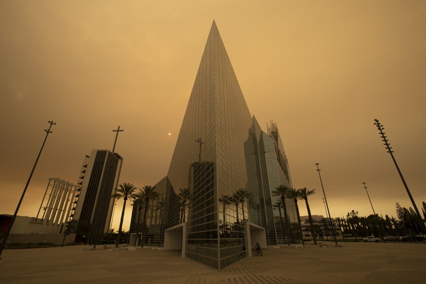 A darkened sky outside Christ Cathedral last week in Garden Grove.