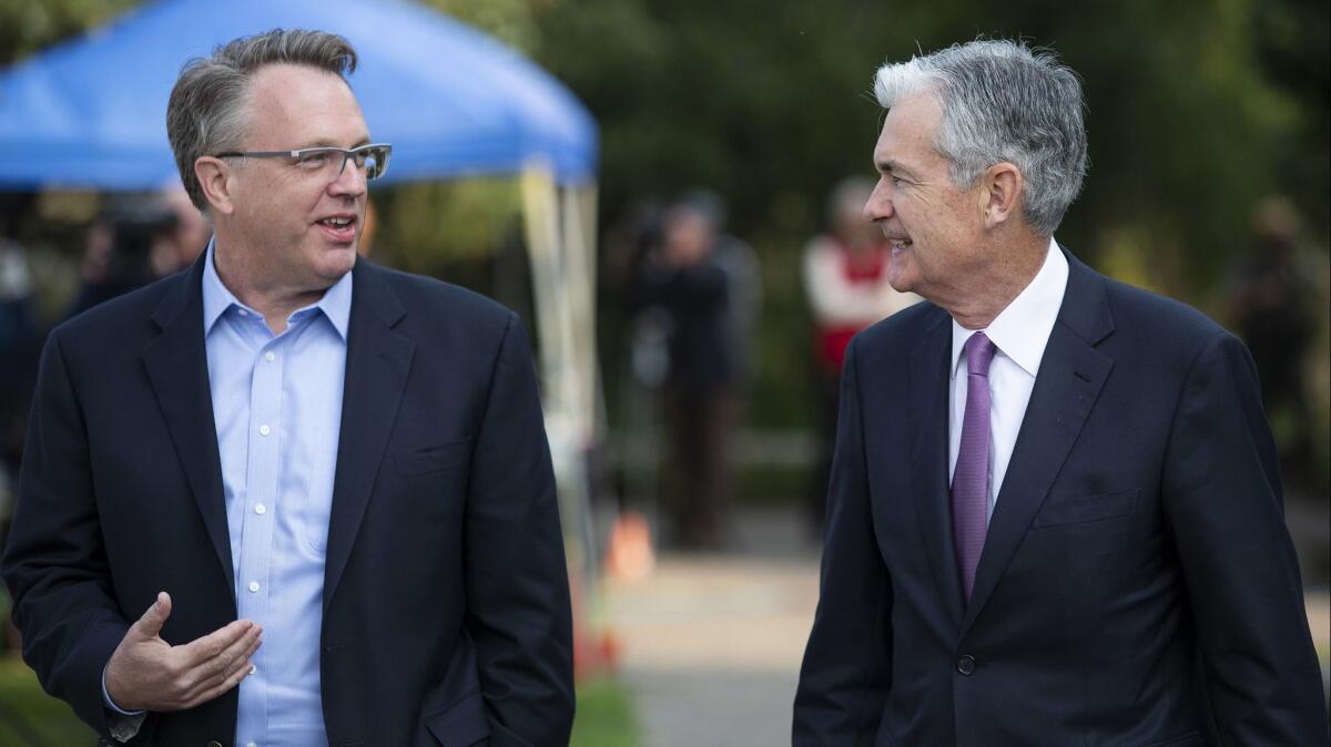 John Williams, left, president of the Federal Reserve Bank of New York, and Jerome H. Powell, chairman of the Federal Reserve, after Powell's speech at the Jackson Hole Economic Policy Symposium on Friday, Aug. 24, 2018, in Jackson Hole, Wyo.