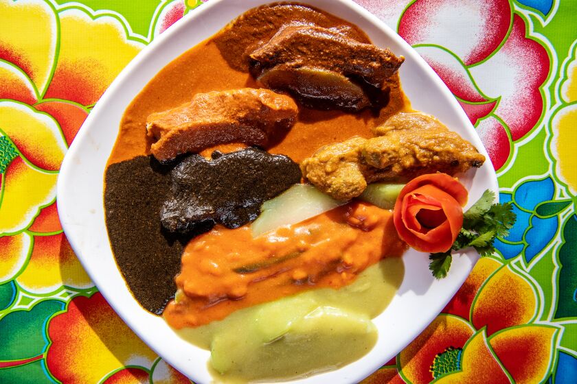 LOS ANGELES, CA- December 30, 2019: A rainbow of the seven mole's from Sabores Oaxaqueños on Monday, December 30, 2019. (Mariah Tauger / Los Angeles Times)