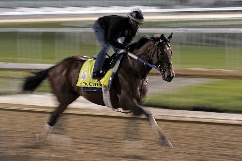 Kentucky Derby entrant Epicenter works out at Churchill Downs Thursday, May 5, 2022.