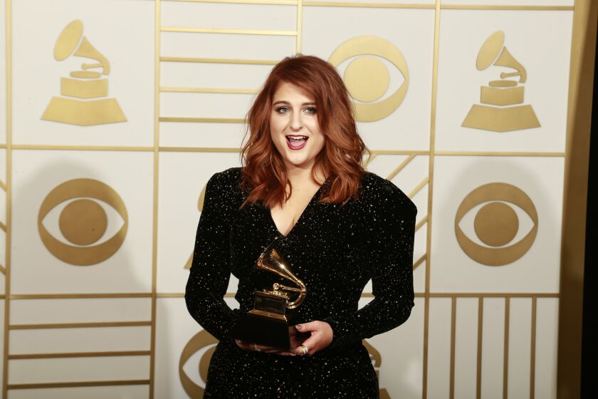 Meghan Trainor, with her Grammy for best new artist, backstage at the 58th Annual Grammy Awards at Staples Center in Los Angeles, CA. Monday, February 15, 2016.