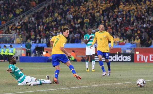 Elano of Brazil scores his side's third goal during the 2010 FIFA World Cup South Africa Group G match between Brazil and Ivory Coast at Soccer City Stadium on June 20, 2010 in Johannesburg, South Africa.