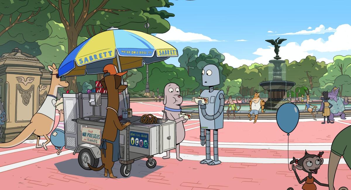 A dog and his robot friend get a hot dog in Central Park.