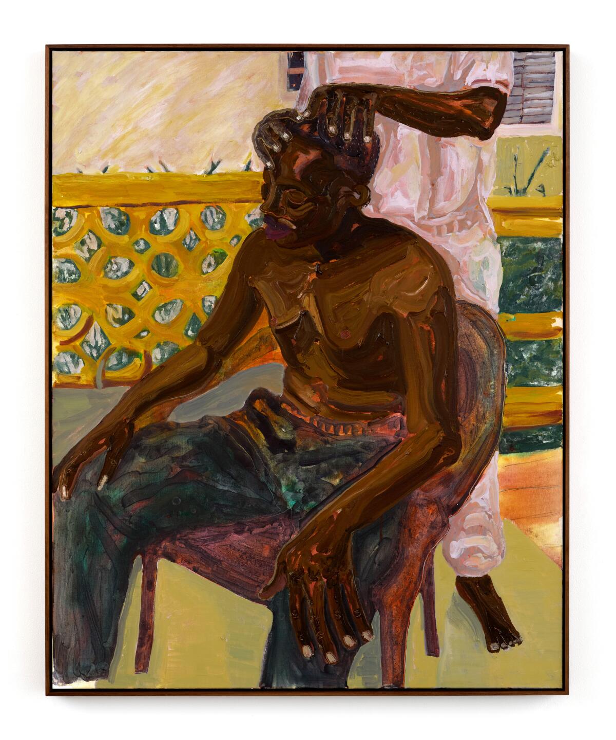 A painting of a man sitting in a chair with a woman's hands on his head.