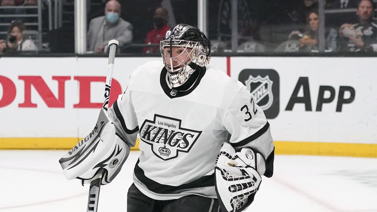 Kings goaltender Jonathan Quick protects the goal during a game against the Chicago Blackhawks.