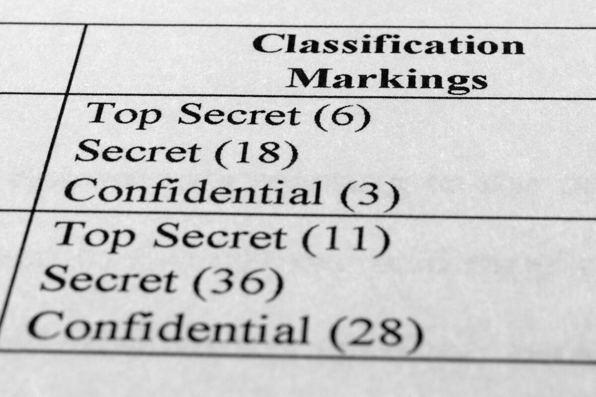 A portion of the federal indictment shows a list of classified markings, such as "Top Secret"