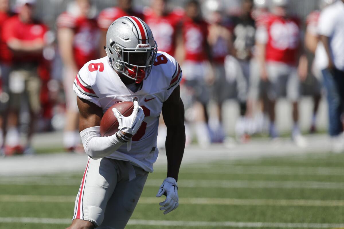 Wide receiver Torrance Gibson participates in the Ohio State spring game on Apr. 16.