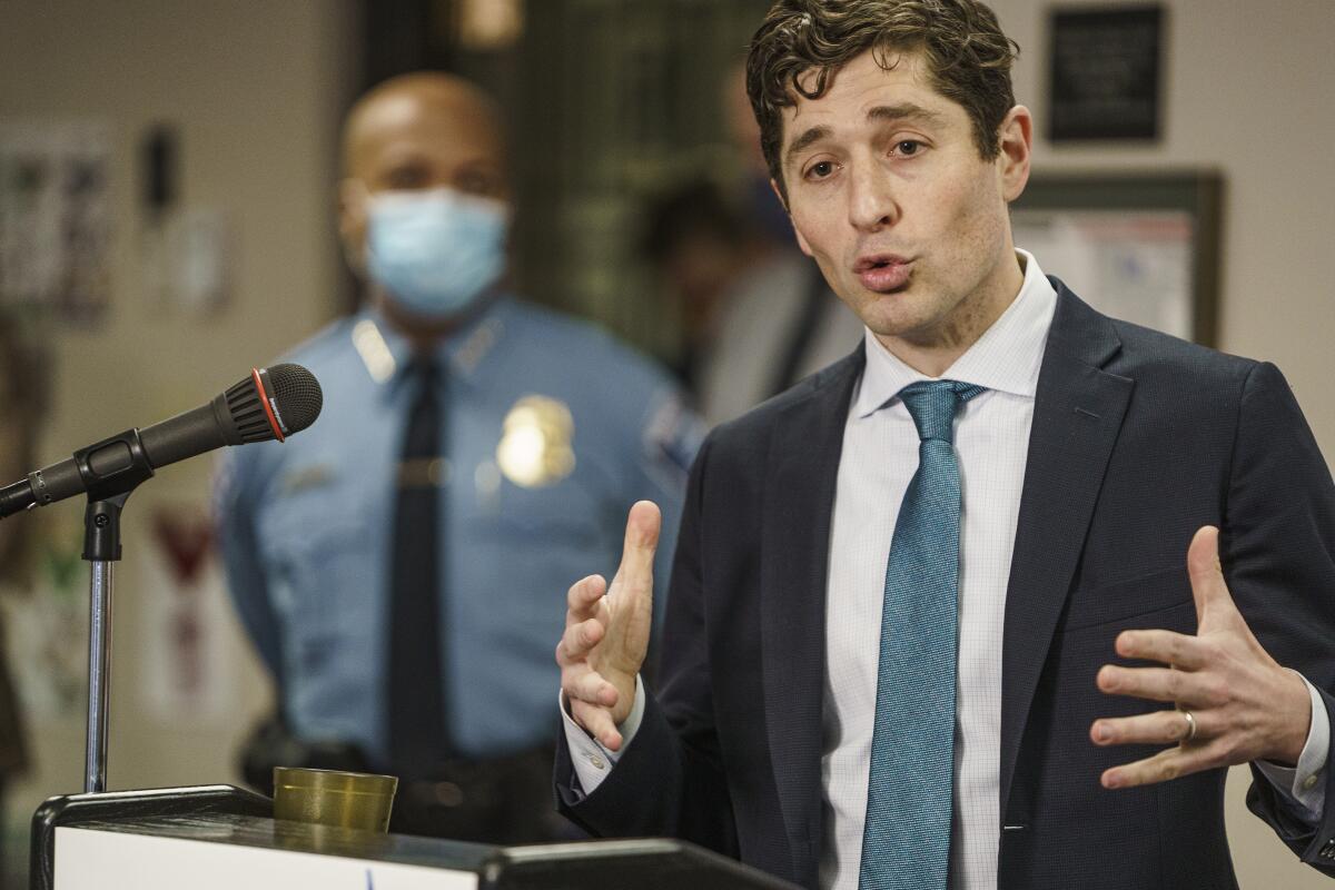 FILE - In this Feb. 17, 2021 file photo, Minneapolis Mayor Jacob Frey addresses the media in Minneapolis. A judge struck down ballot language Tuesday, Sept. 7, 2021, that would replace the Minneapolis Police Department with a new agency, saying the wording was misleading and unworkable. Mayor Frey, who had opposed the rejected wording, said the council now has another opportunity to deliver language that accurately and fairly reflects the proposal. (Richard Tsong-Taatarii/Star Tribune via AP, Pool File)