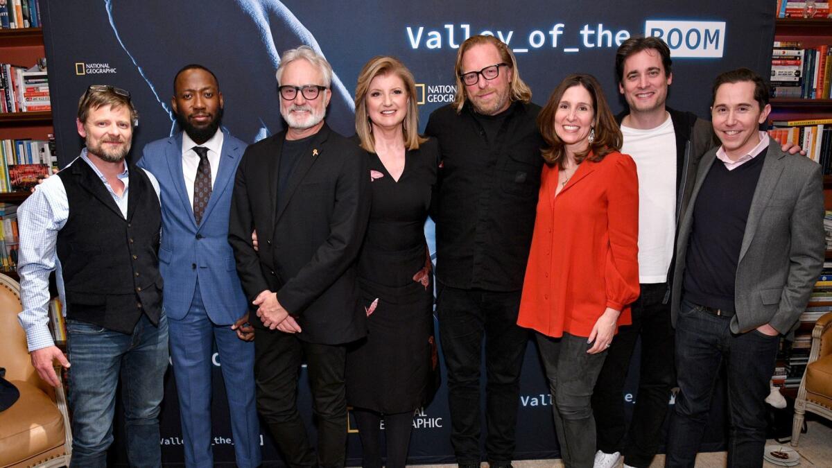 Steve Zahn, left, Lamorne Morris, Bradley Whitford, Arianna Huffington, Matthew Carnahan, Carolyn Bernstein, Stephan Paternot and Todd Krizelman at a screening of "Valley of the Boom."