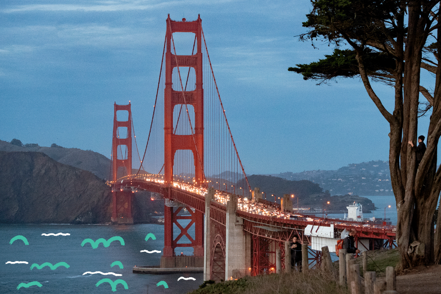 A GIF of squiggles dancing in the water next to the Golden Gate Bridge, loaded with cars with headlights on at dusk.