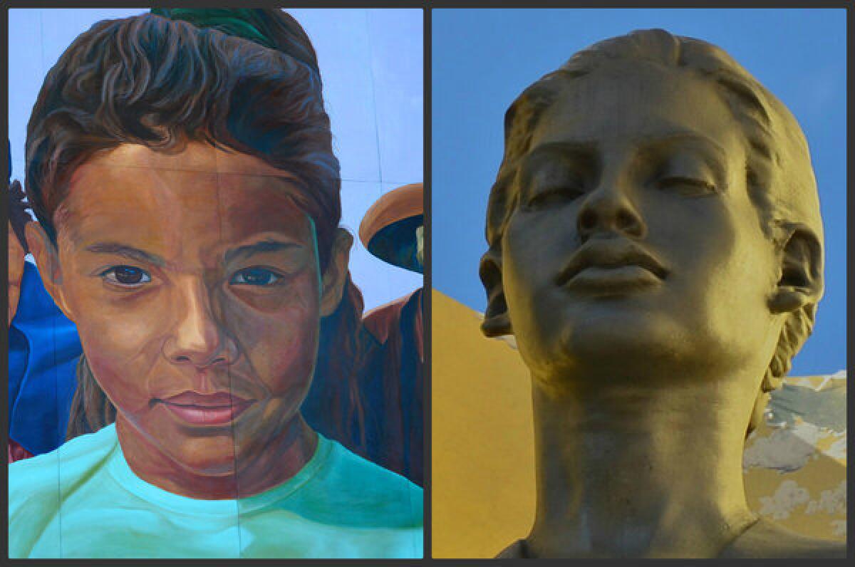 In Union Station Los Angeles, the star of Richard Wyatt's mural "City of Dreams/River of History" is the girl on the left. The girl or woman on the right, sculpted by Robert Graham, hovers over the entrance to the nearby Cathedral of Our Lady of the Angels.