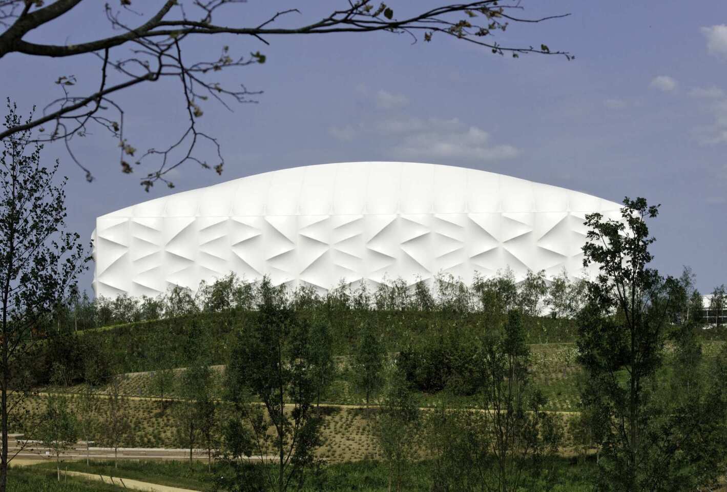 A general view of the London 2012 Basketball Arena exterior viewed from the Parklands. The 12,000-seat, 35-meter high stadium has become the fourth Olympic Park venue to be completed, more than a year ahead of the Games and on budget.