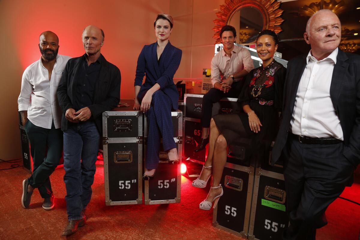 Jeffrey Wright, left, Ed Harris, Evan Rachel Wood, James Marsden, Thandie Newton and Anthony Hopkins, right, of HBO's new series "Westworld."